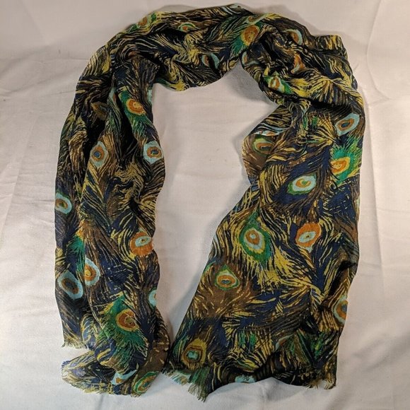 Cynthia Rowley Peacock Print Scarf Fringed Hem Loose Lightweight Fall Woven Bird - Picture 1 of 9